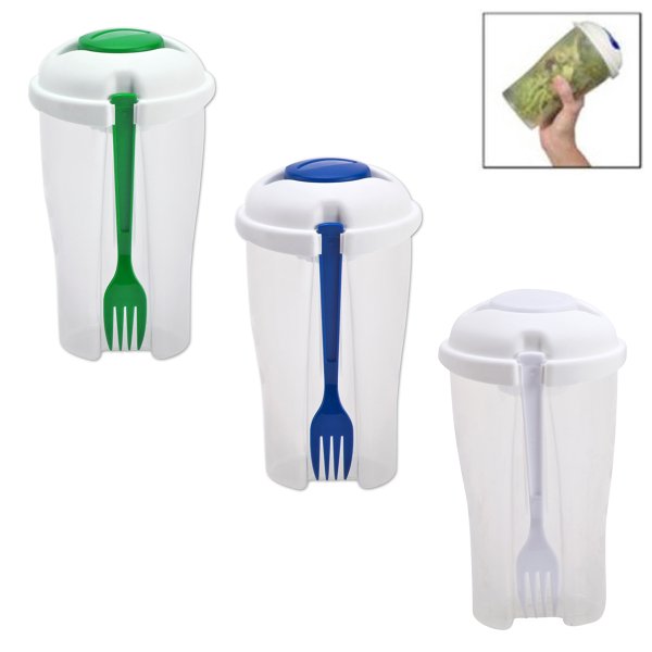 כוס סלט ממותגת עם מזלג מובנה בצבע ירוק